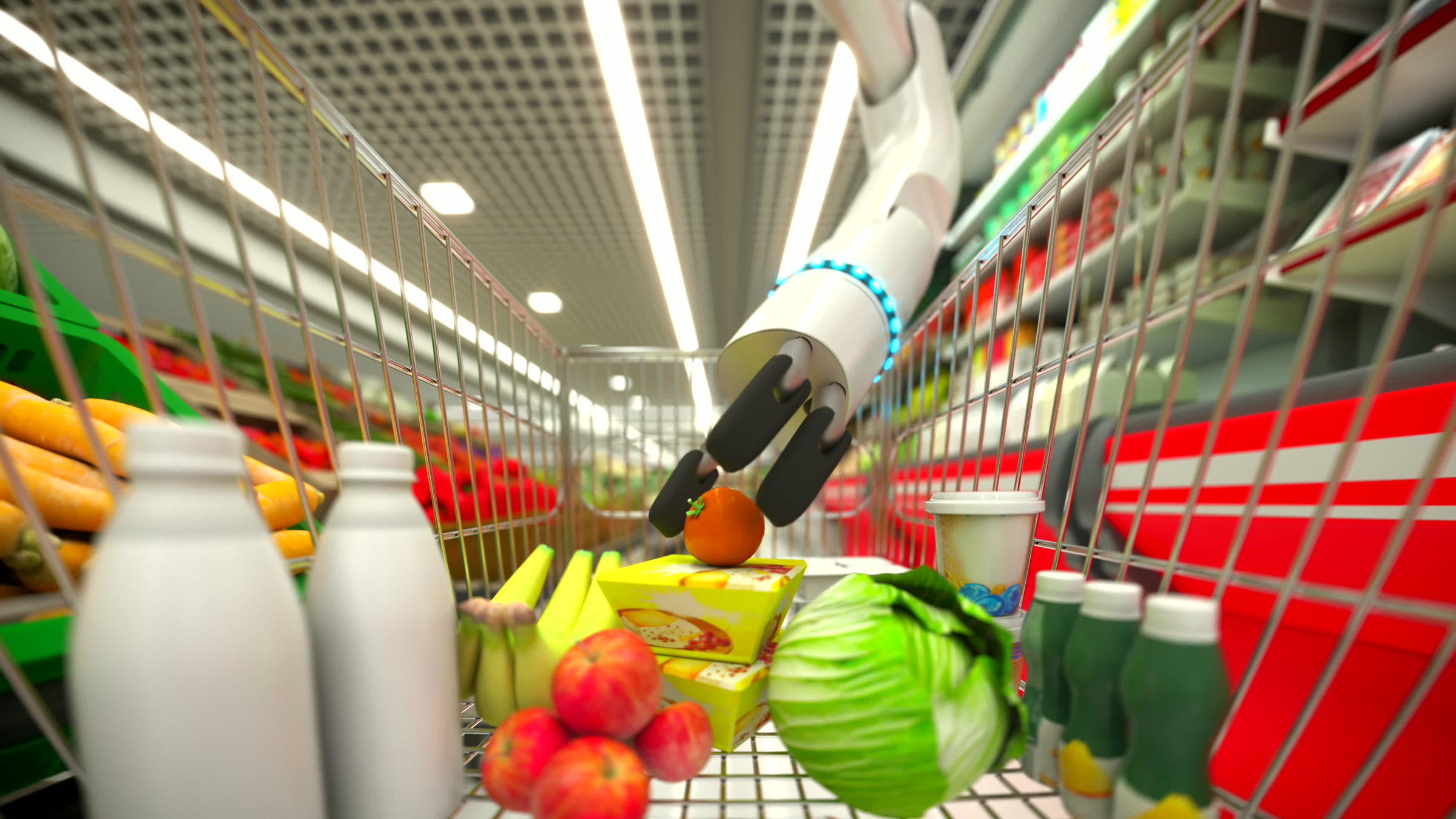 Hand robot buys food and puts them in the basket. 4k