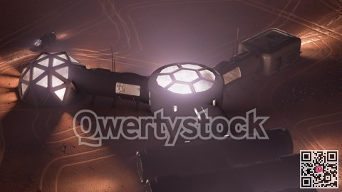 A depiction of a base on a hostile and barren planet. The small colony is equipped with two rovers for astronauts to use for exploration of the surface. 3d illu