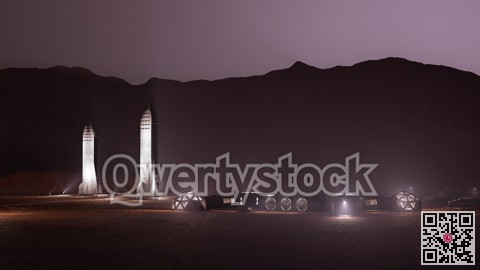 A depiction of a base on a hostile and barren planet. The small colony is equipped with two rovers for astronauts to use for exploration of the surface. 3d illu