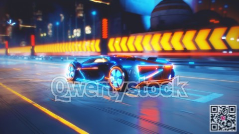 Future car going on the road with electric blasts and energy fluids 4k animation