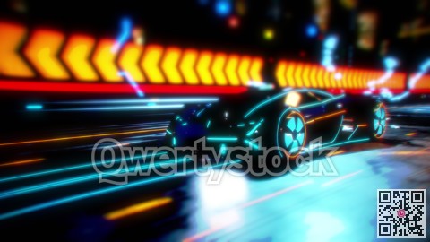 Future car going on the road with electric blasts and energy fluids 4k animation