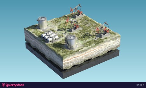 Oil pump jack at a drill site in a desert with oil barrels and refinery tanks on a floating island. Loopable 4K 3D render with mask/matte. Perfect for explainer or infographic.