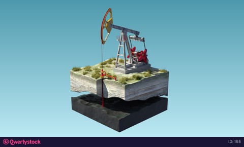 Oil pump jack at a drill site in a desert with oil barrels and refinery tanks on a floating island. Loopable 4K 3D render with mask/matte. Perfect for explainer or infographic.