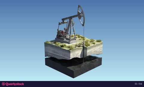 Oil pump jack at a drill site in a desert with oil barrels and refinery tanks on a floating island. Loopable 4K 3D render with mask/matte. Perfect for explainer or infographic.
