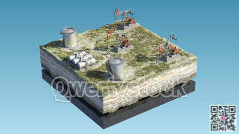 Oil pump jack at a drill site in a desert with oil barrels and refinery tanks on a floating island. 3d illustration. Perfect for explainer or infographic.