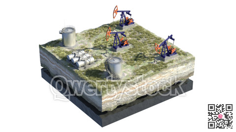 Oil pump jack at a drill site in a desert with oil barrels and refinery tanks on a floating island. 3d illustration. Perfect for explainer or infographic.