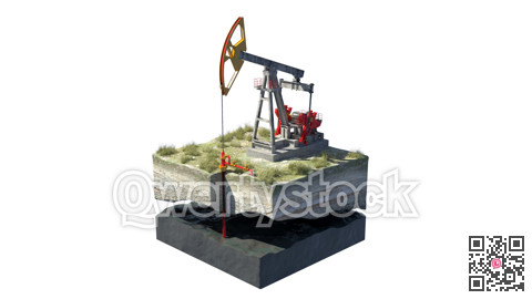 Oil pump jack at a drill site in a desert with oil barrels and refinery tanks on a floating island. 3d illustration. Perfect for explainer or infographic.