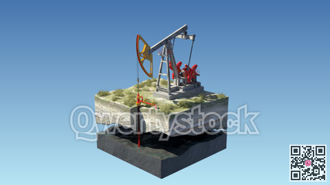 Oil pump jack at a drill site in a desert with oil barrels and refinery tanks on a floating island. 3d illustration. Perfect for explainer or infographic.