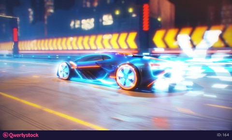 The car of the future rides fast sparkles with lightning bolts on the night road. 4k animation
