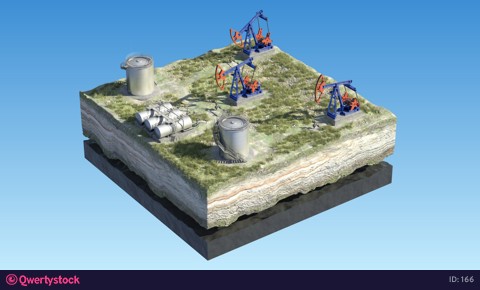 Oil pump jack at a drill site in a desert with oil barrels and refinery tanks on a floating island. Loopable 4K 3D render with mask/matte. Perfect for explainer or infographic.