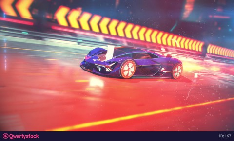 The car of the future rides on a night road with energy twists. 4k animation