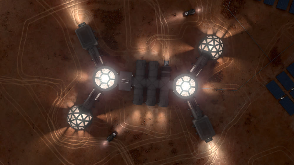A depiction of a base on a hostile and barren planet. The small colony is equipped with two rovers for astronauts to use for exploration of the surface. 4k animation