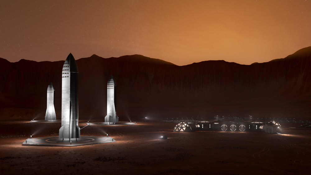 Mars sunris or sunshine. A depiction of a base on a hostile and barren planet. The small colony is equipped with two rovers for astronauts to use for exploration of the surface. 4k animation