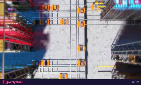 warehouse with smart loaders,neural network control of the warehouse complex. Top View Camera moving forward and look down