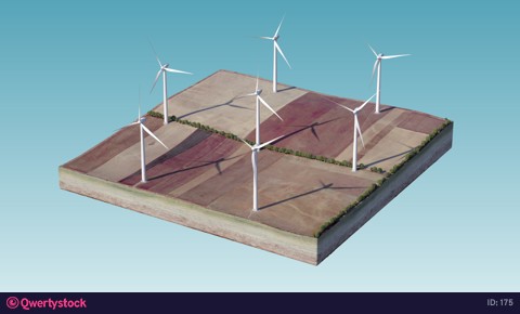 Windmills stand on an isolated piece of land, around the field and the land. Electricity and clean nature