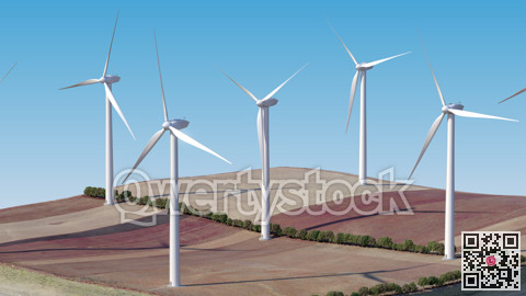Wind turbines on a separate island. Agricultural fields. General view. Background. 3D illustration
