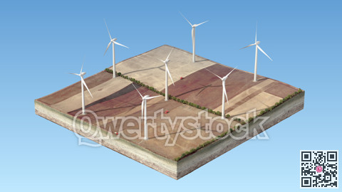 Wind generators standing on an isolated island. Fields with agricultural crops. Picture for background. 3D illustration