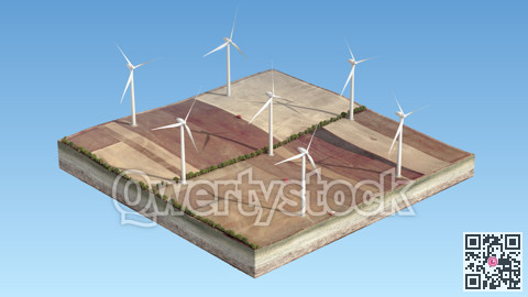 Wind turbines, background picture, separate island. 3D rendering. 3D illustration
