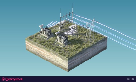 Electrical substation on an isolated island. High Voltage Substation. Rotate. Video for the background. 4k. 3d animation