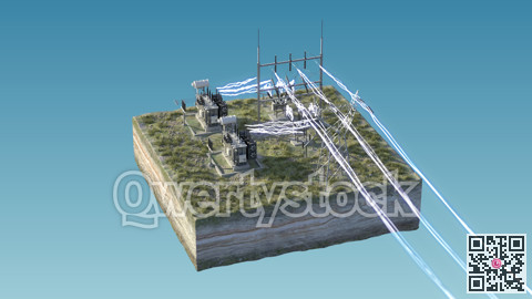 Electrical substation, high voltage. Isolated on the island. 3D rendering