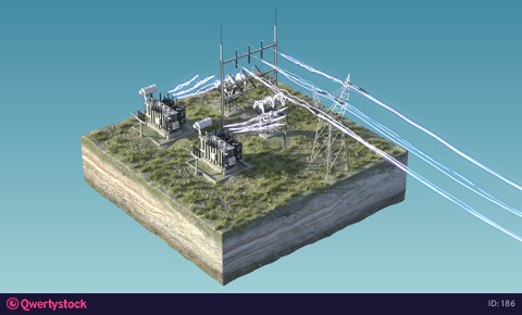 Power plant, high voltage, strong current discharges. Isolated on the island.4k. 3d animation