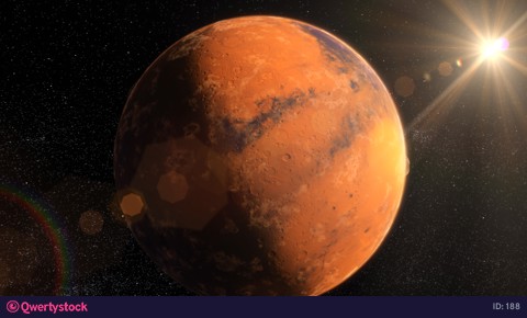 Zoom in from the planet Mars to the human base located in the martian crater. 4k 3d animation