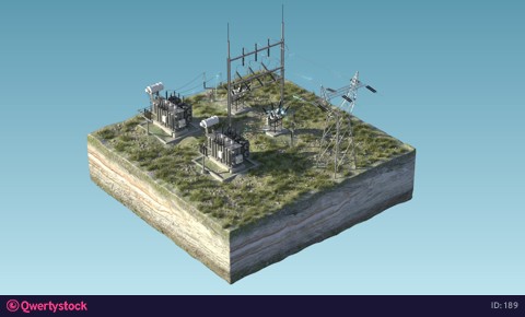 Power plant, high voltage, current discharges. Isolated on the island.4k. 3d animation