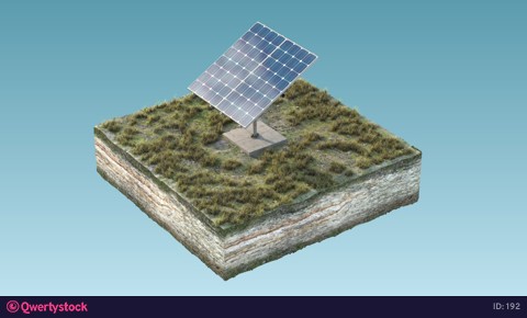 One solar panel on an isolated island. Energy of sun. 3d animation