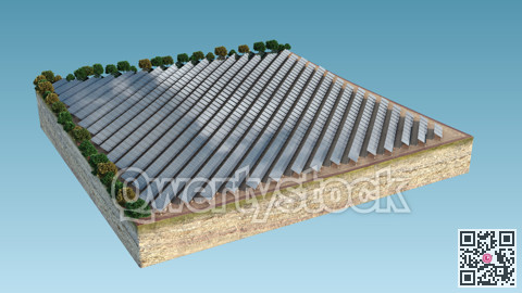Solar panels, isolated island. Reflection of the sky. Background picture. 3D illustration