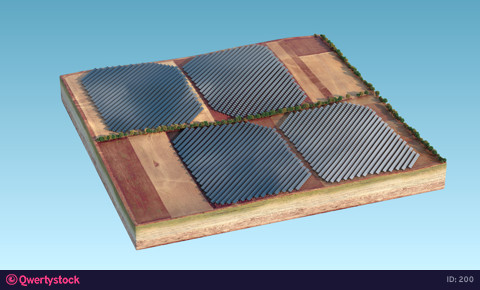 Solar panels in the middle of an isolated island. landing fields. 4k video. 3d animation