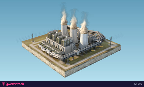Coal Station Cooling Tower. Isolated island. Harmful energy production. Isometry background video. 4k. 3d animation