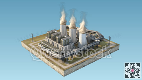 Power Station Cooling Tower. Isolated island. Isometry Background blue. 3D illustration. 3d rendering