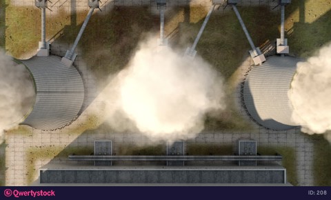 Fuming plant, harmful production. Smooth camera out. 3d render. Animation