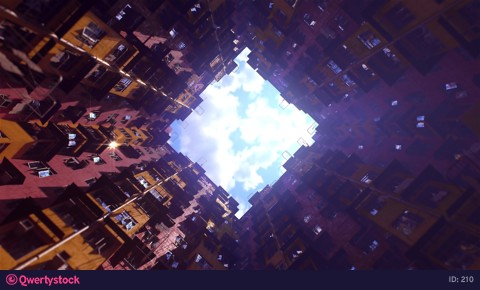 Airplane flies over a residential area against sunset clouds. Beautiful 3d animation 4k