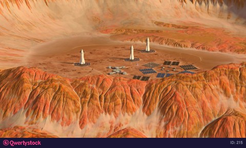 Flying around a small Martian base equipped with two rovers, day view. 4k animation