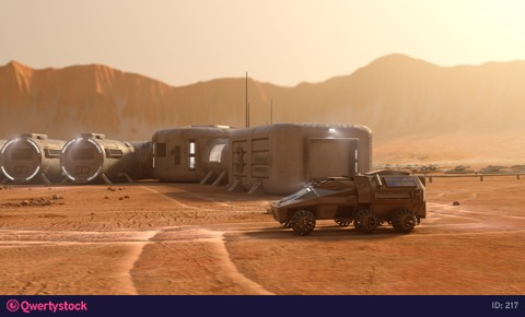 Flying around a small Martian base equipped with two rovers, day view. 4k animation