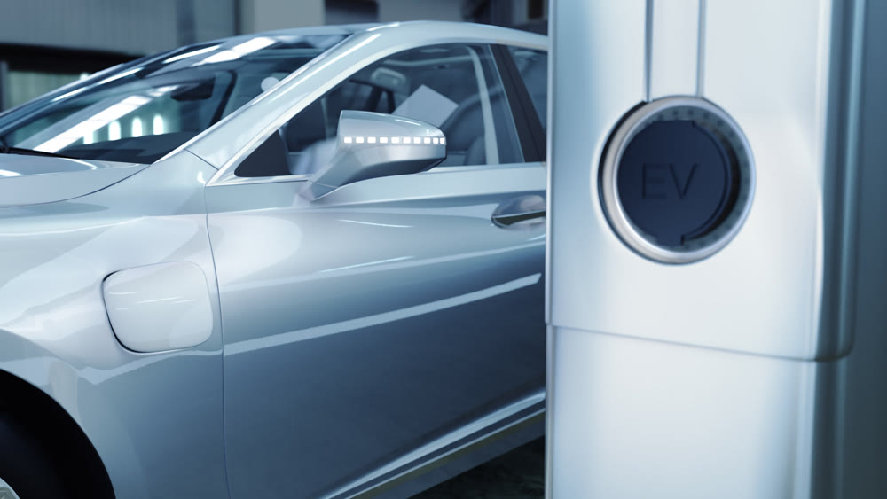 Modern electric car charging at the charger station. 4k 3d animation