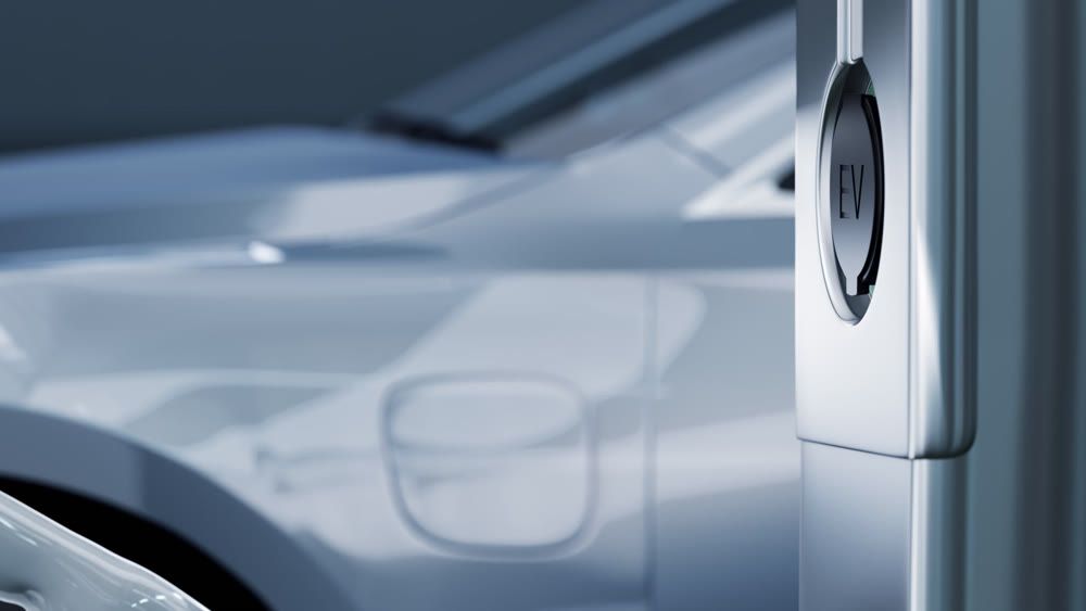 Modern electric car charging at the charger station. 4k 3d animation