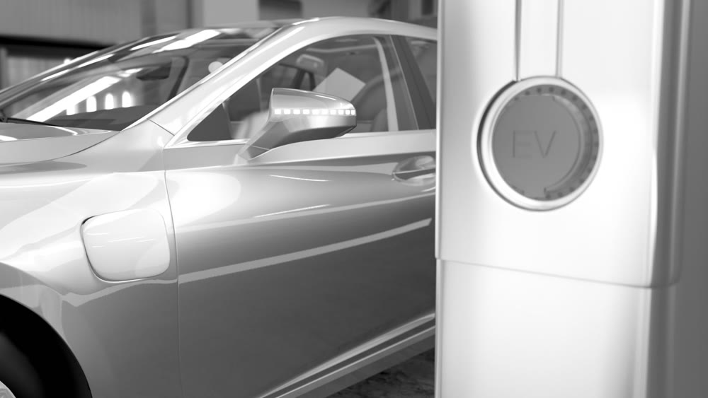 Car connecting to the charger station. 4k 3d animation