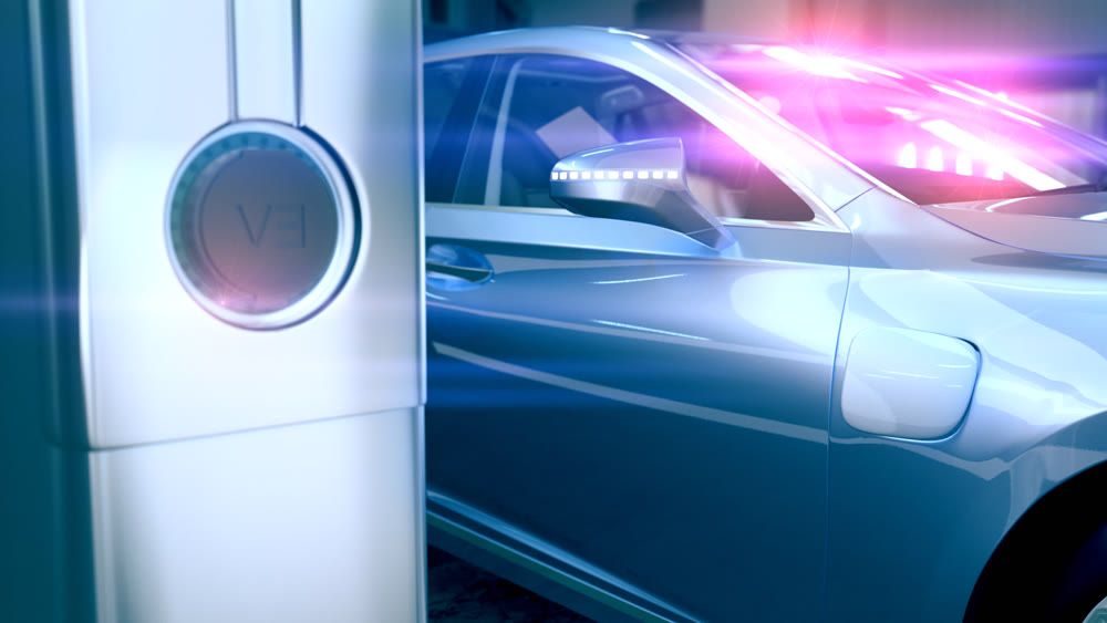 Electric car connecting to charger station. 4k 3d animation
