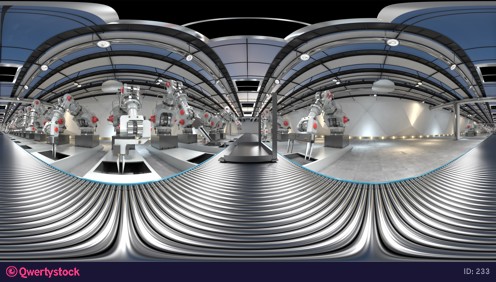 3D Printer assembling on a conveyor belt by automatic robotic arms. 4K 360 animation