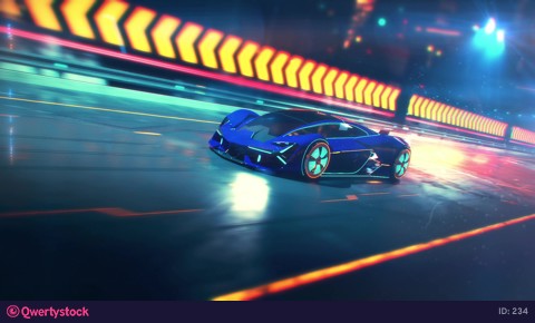 The road of the future, with a fast car in plasma. 4k.