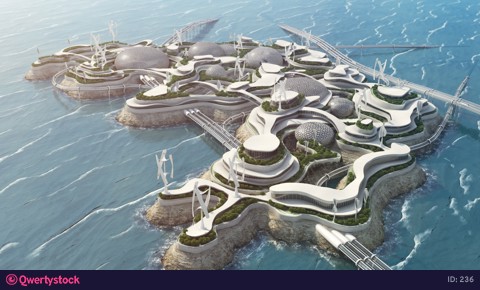 Future city concept, high tech island in the ocean