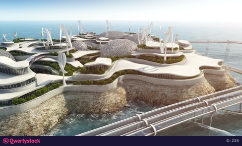 Island City future concept with transport network and modern windmills