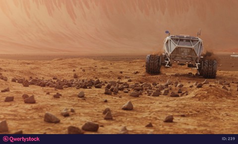 Rover drives on Martian surface. Starship in the background 4K 3D animation