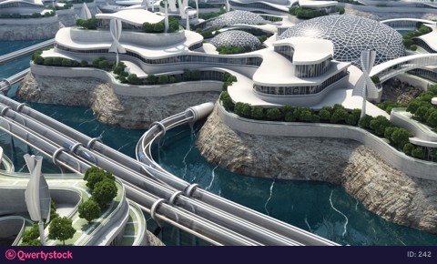 Megapolis of the future. A futuristic city on the water. An eco-friendly city with wind energy sources. 4k animation