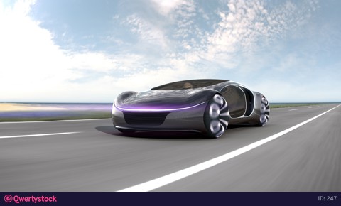 Fast electric car on highway. Concept of future car. 4k animation.