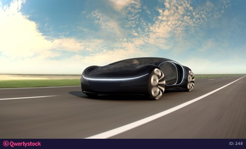 Black electric car on highway in sandy desert. Concept of future car. 4k animation.
