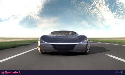 Electric car on highway in desert. Front view. Concept of future. 4k animation.