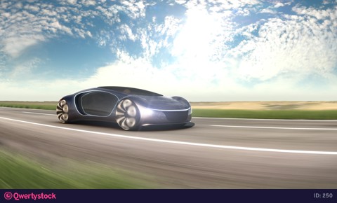 Electric car on highway in sandy desert. Concept of future car. 4k animation. 